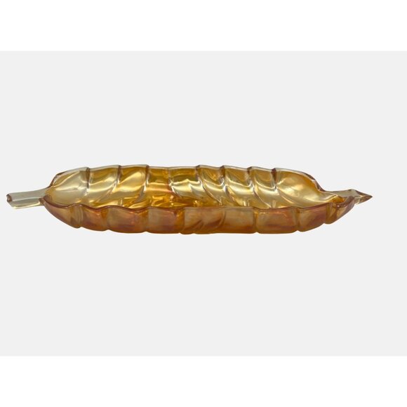 Vintage Leaf-Shaped Carnival Glass Dish Double Stems Marigold 11" x 4.5" Snack - Picture 7 of 7